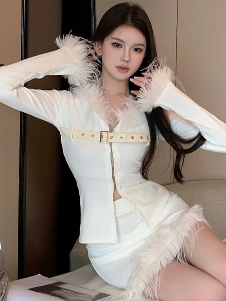 Fluffy Trim Belted Slit Top and Mini Skirt Set