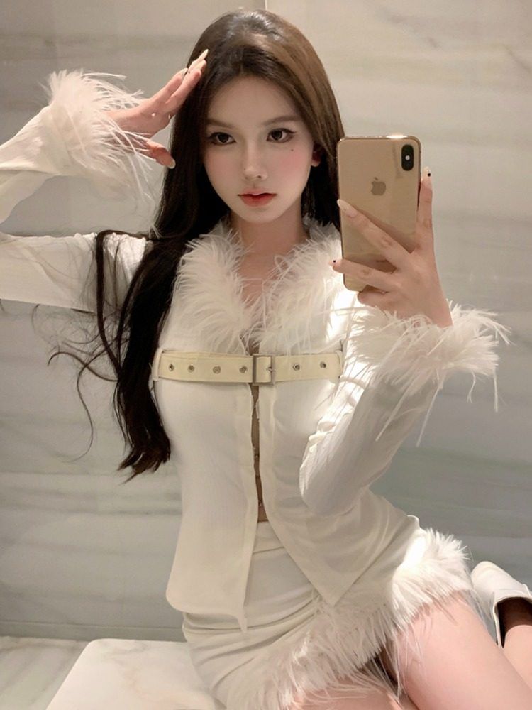 Fluffy Trim Belted Slit Top and Mini Skirt Set