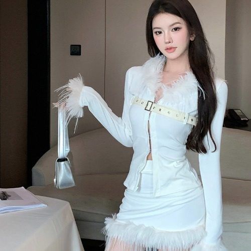 Fluffy Trim Belted Slit Top and Mini Skirt Set