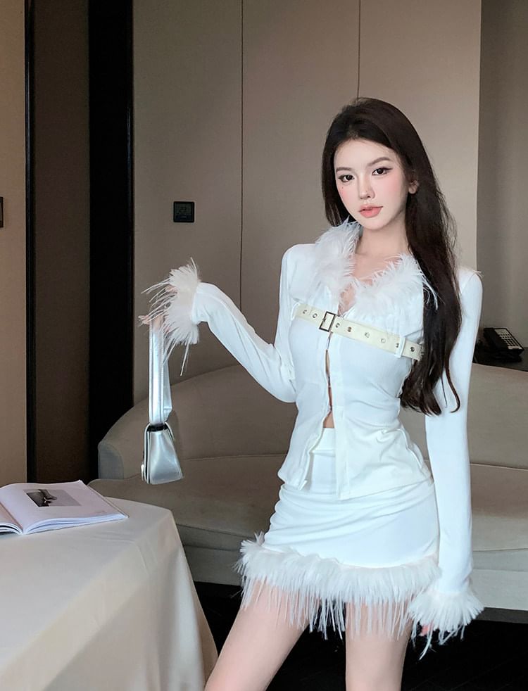 Fluffy Trim Belted Slit Top and Mini Skirt Set