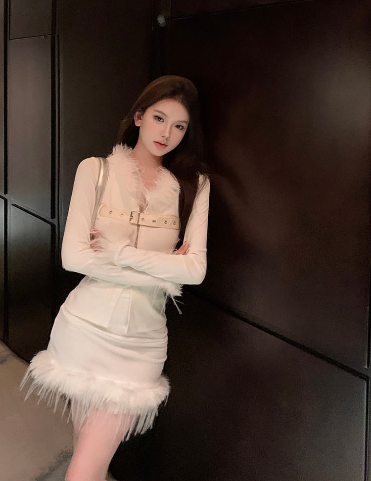 Fluffy Trim Belted Slit Top and Mini Skirt Set
