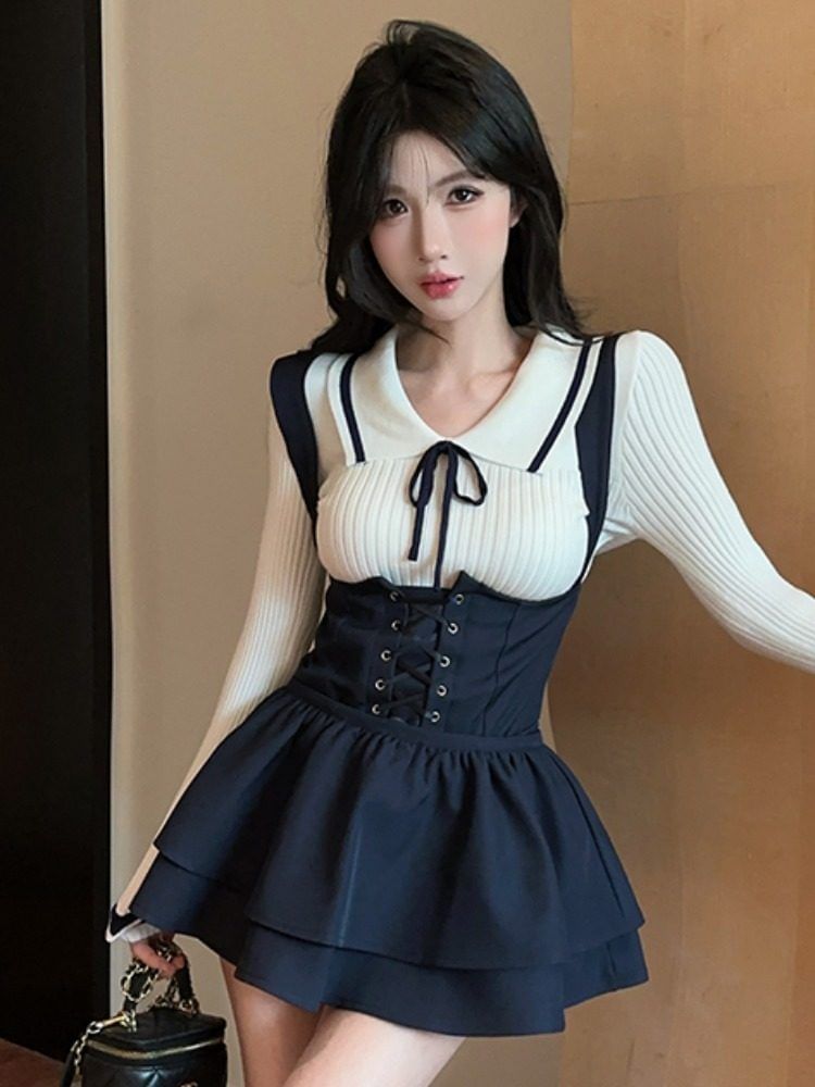 Collared Contrast Trim Knit Top and Lace-Up Shorts Set