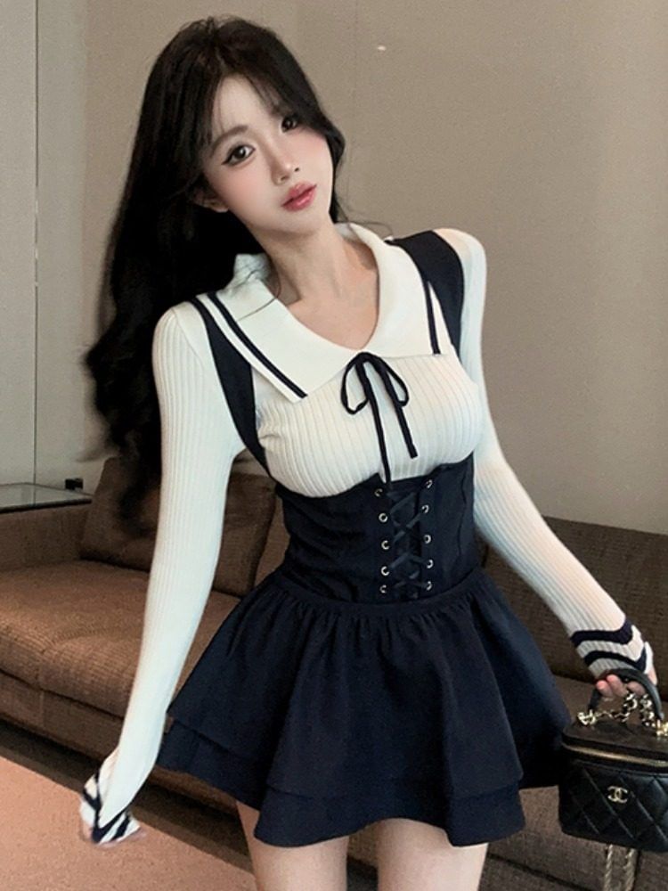 Collared Contrast Trim Knit Top and Lace-Up Shorts Set