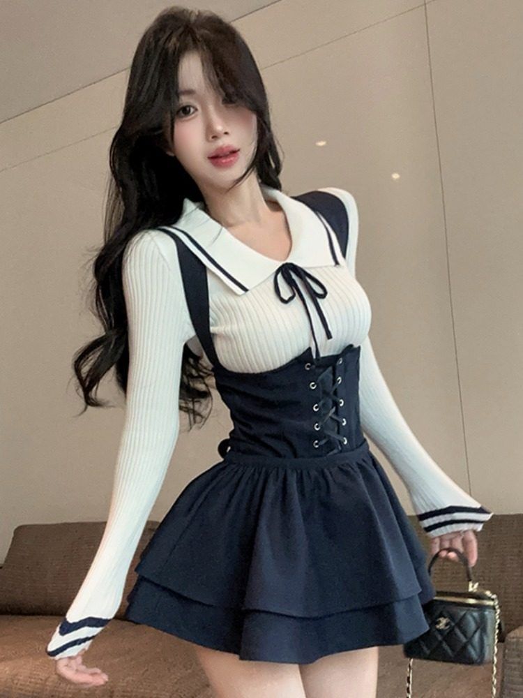 Collared Contrast Trim Knit Top and Lace-Up Shorts Set