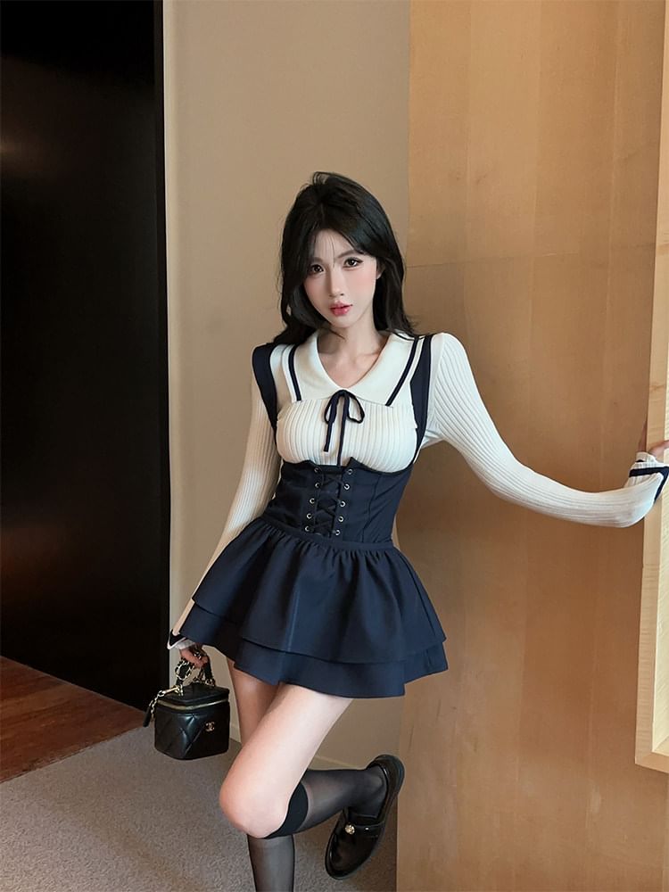 Collared Contrast Trim Knit Top and Lace-Up Shorts Set