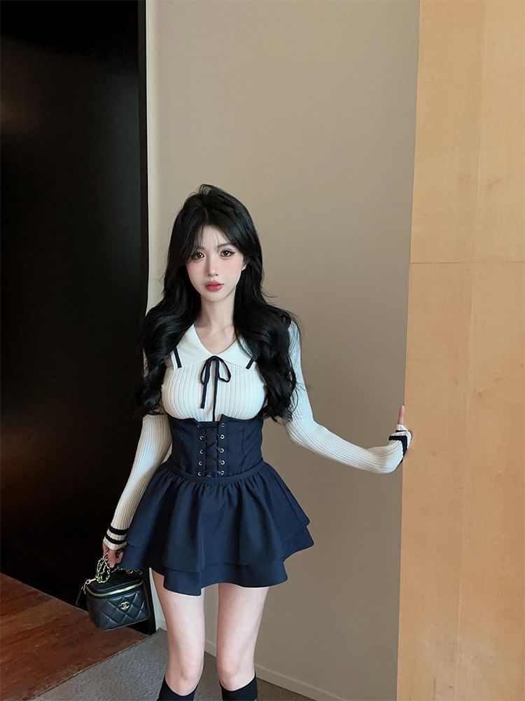 Collared Contrast Trim Knit Top and Lace-Up Shorts Set
