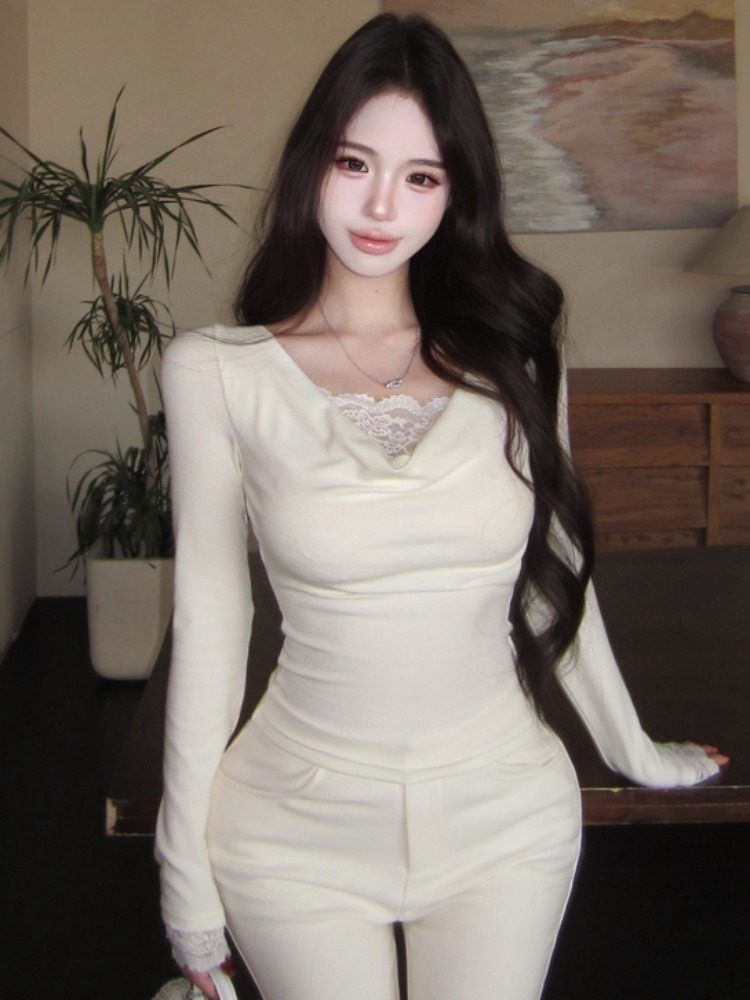 Lace Panel Cowl Neck Crop Top Slim Fit