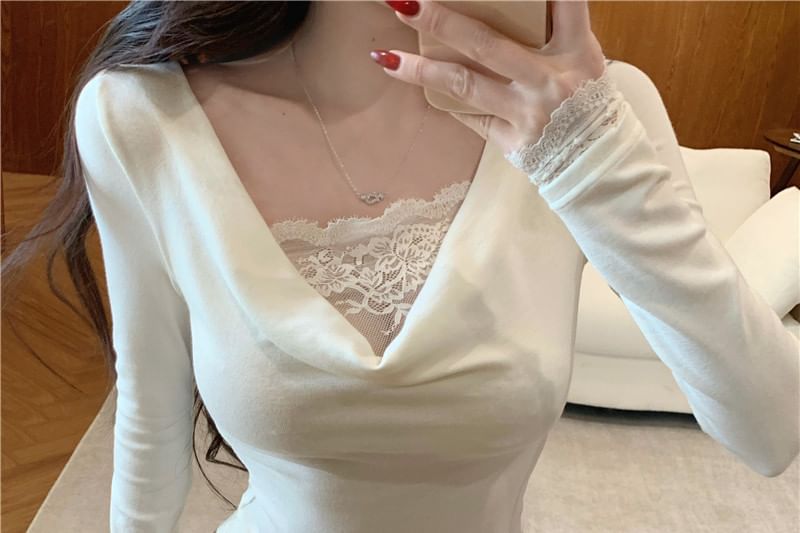 Lace Panel Cowl Neck Crop Top Slim Fit