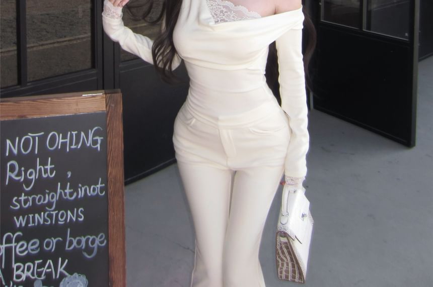 Lace Panel Cowl Neck Crop Top Slim Fit