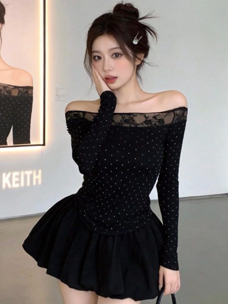 Long-Sleeve Off-Shoulder Lace Panel Slim Fit Top / High Waist Plain Bubble Hem Mini A-Line Skirt / Set