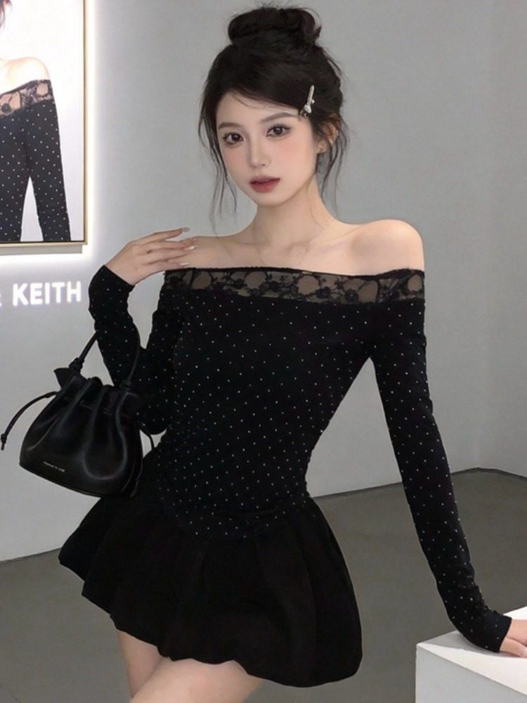 Long-Sleeve Off-Shoulder Lace Panel Slim Fit Top / High Waist Plain Bubble Hem Mini A-Line Skirt / Set