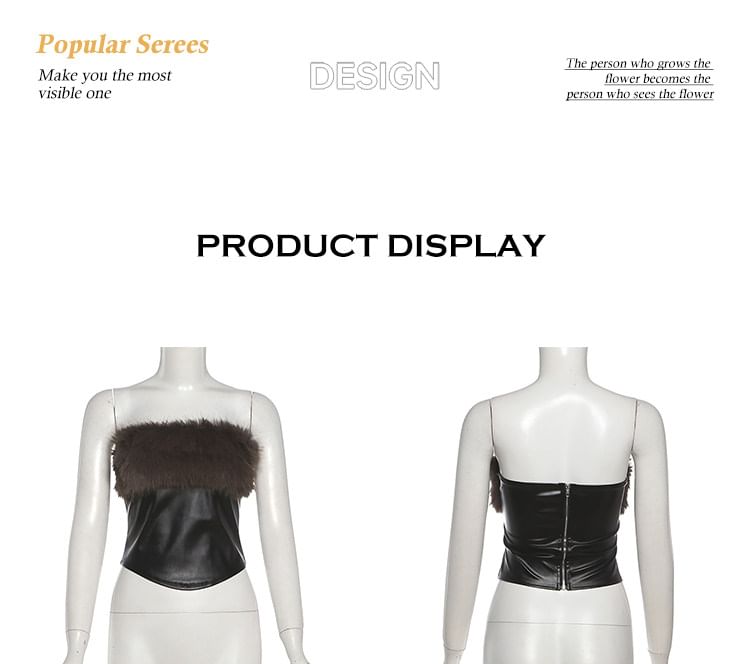 Faux Fur Crop Top and Mini Skirt Set - Strapless