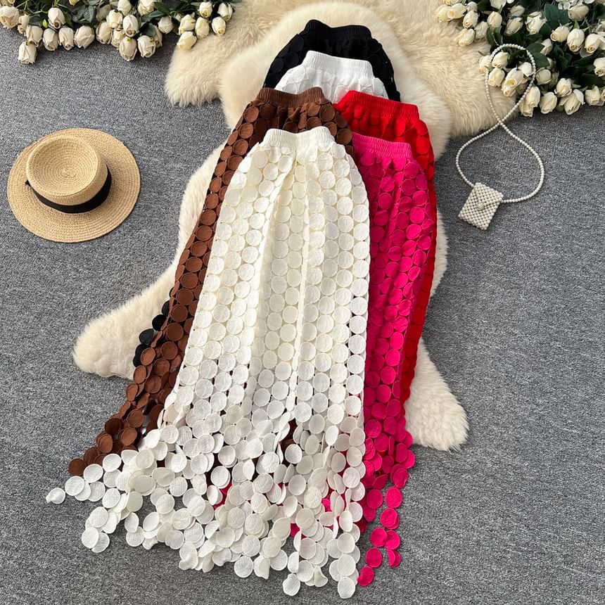 Elastic Waist Hollow Out Circle Fringe Maxi Skirt