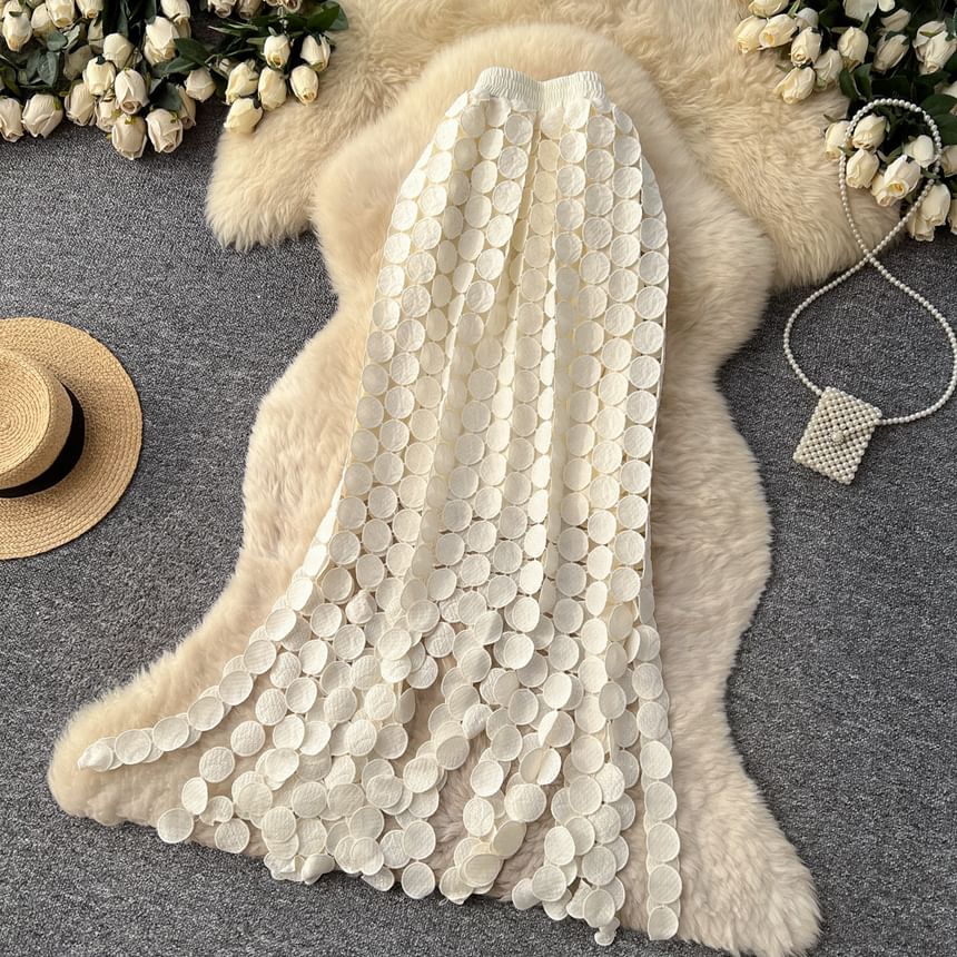 Elastic Waist Hollow Out Circle Fringe Maxi Skirt