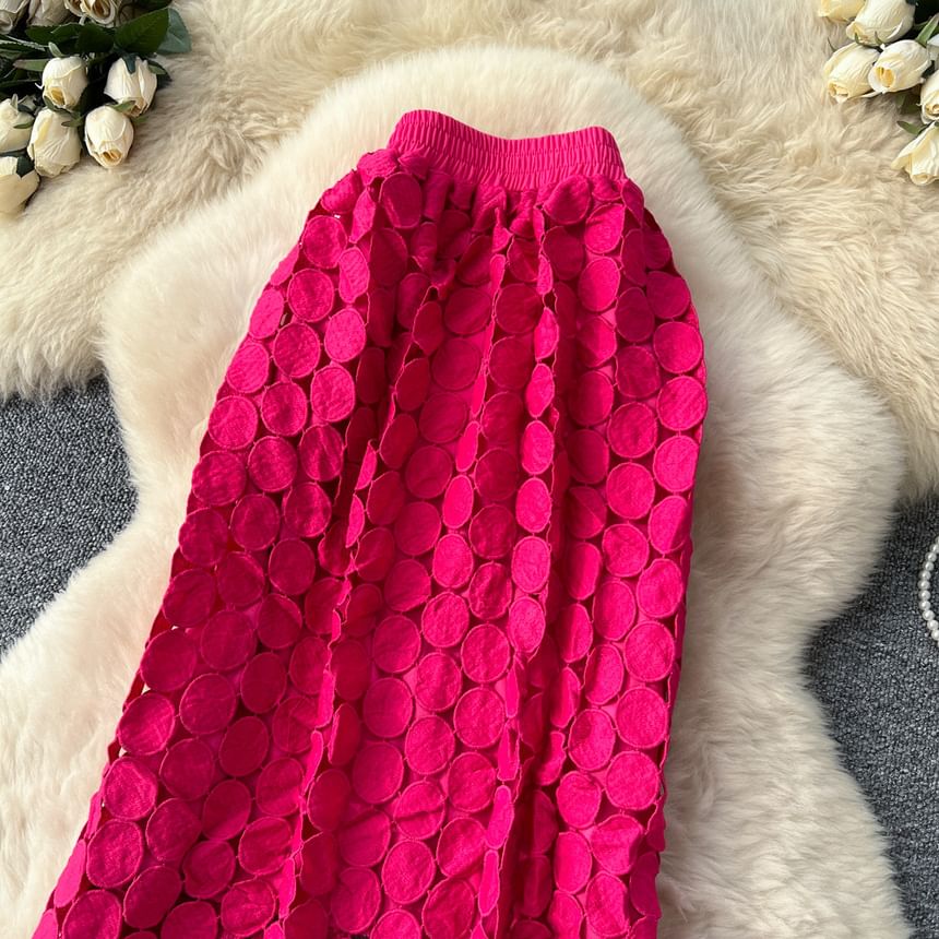 Elastic Waist Hollow Out Circle Fringe Maxi Skirt