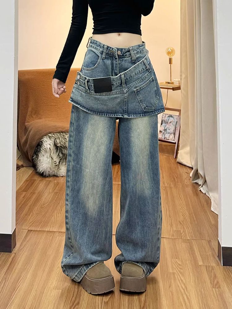 Low Rise Asymmetrical Skirt Overlay Wide Leg Jeans (Various Designs)