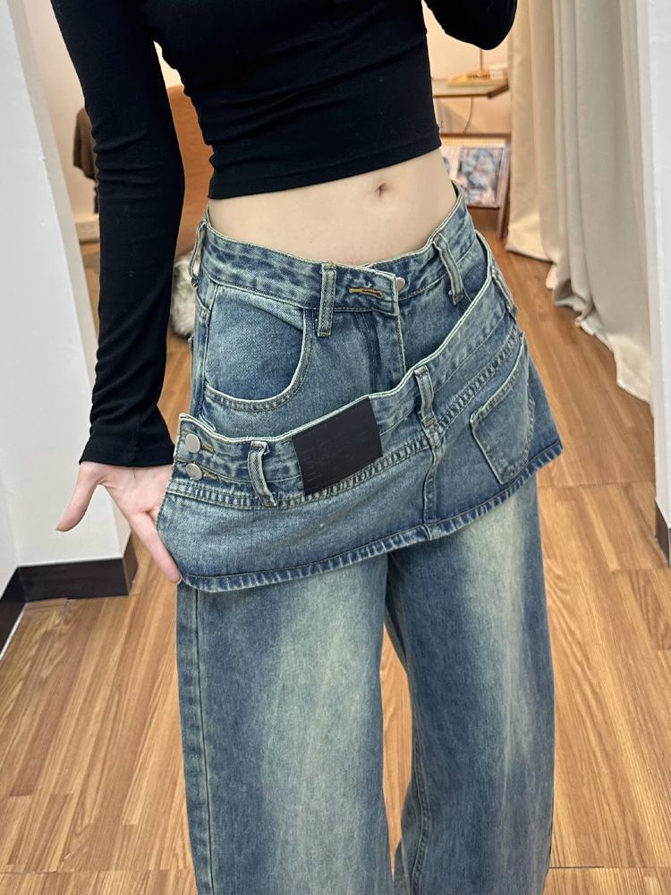 Low Rise Asymmetrical Skirt Overlay Wide Leg Jeans (Various Designs)