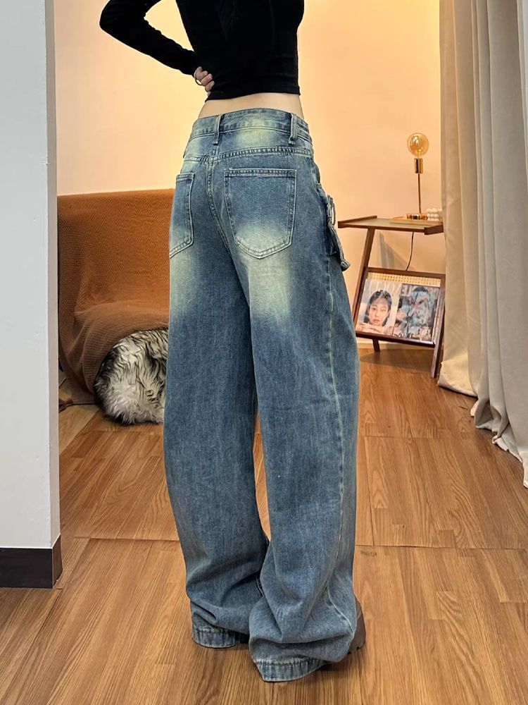 Low Rise Asymmetrical Skirt Overlay Wide Leg Jeans (Various Designs)