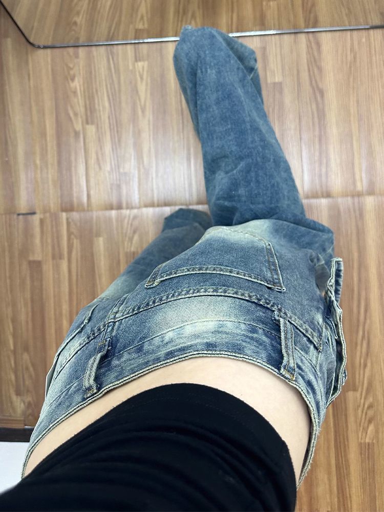 Low Rise Asymmetrical Skirt Overlay Wide Leg Jeans (Various Designs)