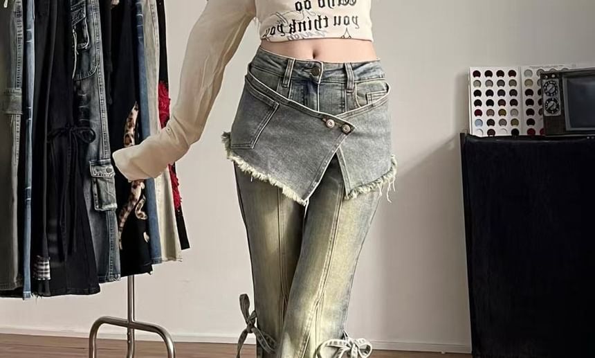 Mid Rise Frayed Skirt Overlay Bell Bottom Jeans