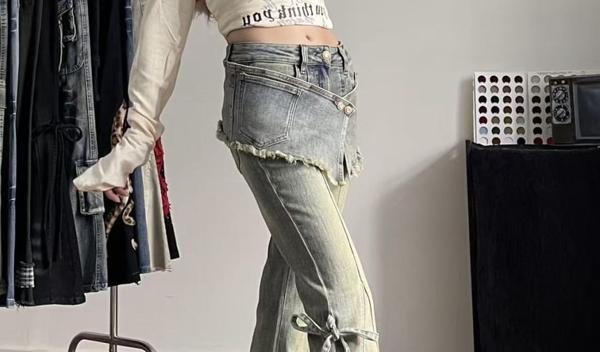Mid Rise Frayed Skirt Overlay Bell Bottom Jeans