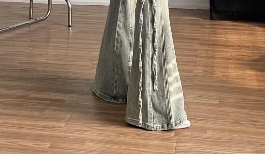 Mid Rise Frayed Skirt Overlay Bell Bottom Jeans