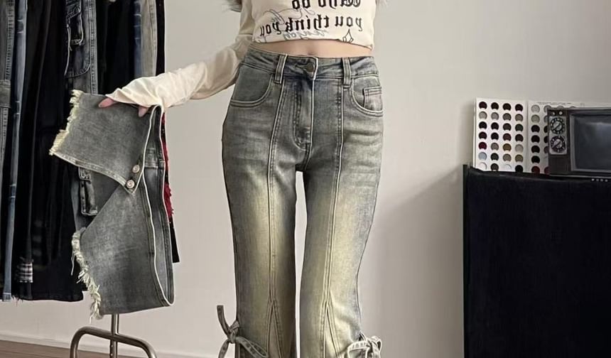 Mid Rise Frayed Skirt Overlay Bell Bottom Jeans