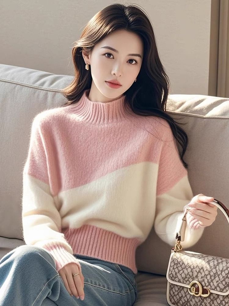 Two Tone Mock Neck Knit Sweater
