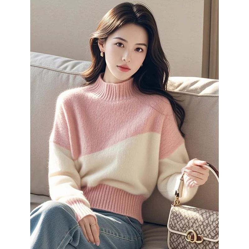 Two Tone Mock Neck Knit Sweater