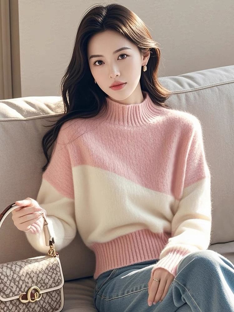 Two Tone Mock Neck Knit Sweater
