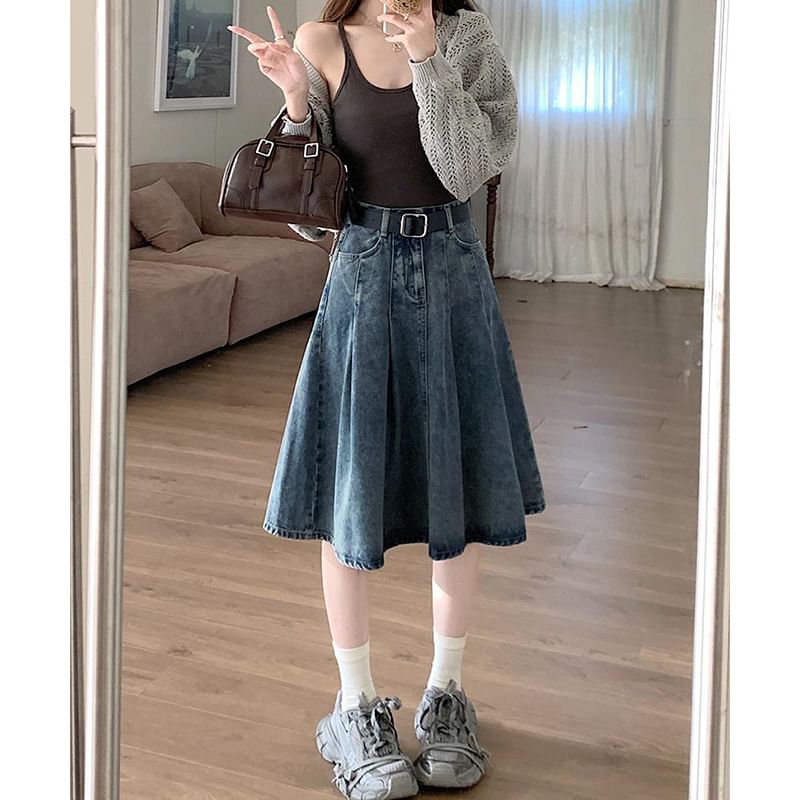 Denim Midi A-Line Skirt with Pleated Accents