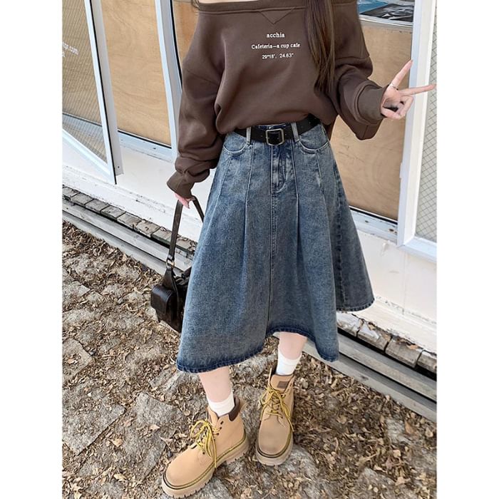Denim Midi A-Line Skirt with Pleated Accents