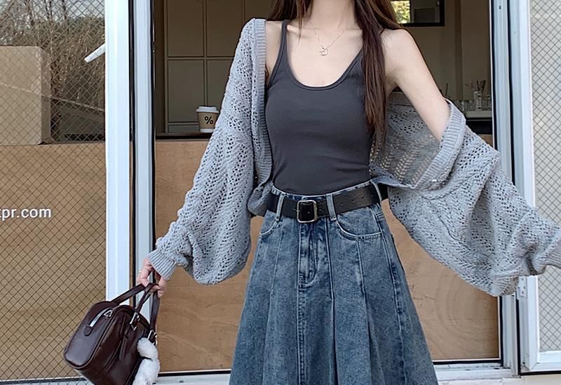 Denim Midi A-Line Skirt with Pleated Accents