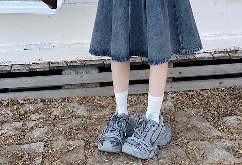 Denim Midi A-Line Skirt with Pleated Accents