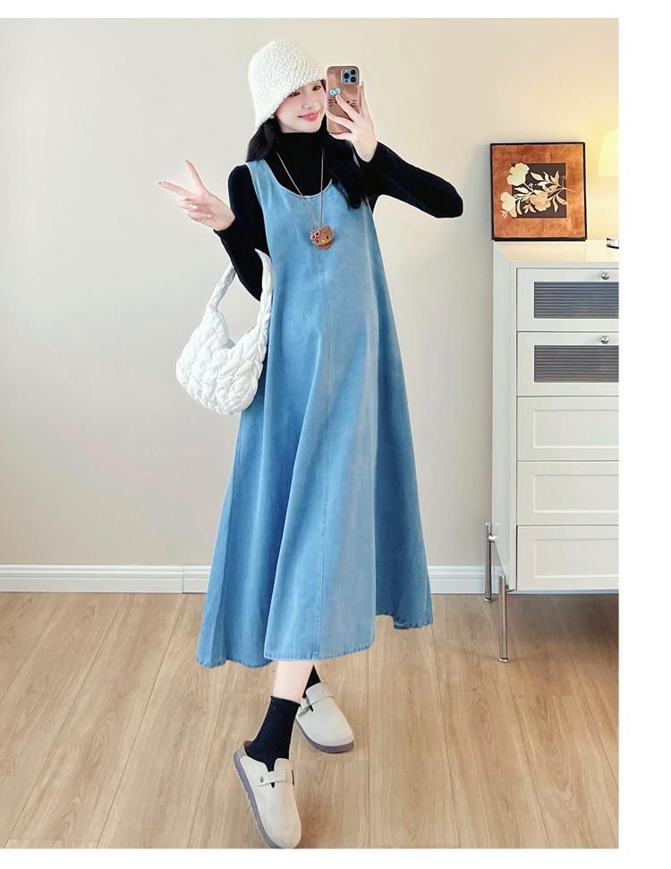 Maternity Turtleneck Tee with Denim Midi Dress Set