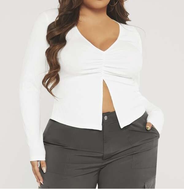 V-Neck Ruched Slit Crop Knit
