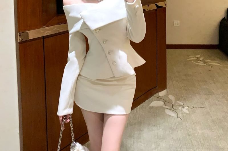 Off-Shoulder Button-Up Plain Crop Jacket / High Waist Mini Pencil Skirt