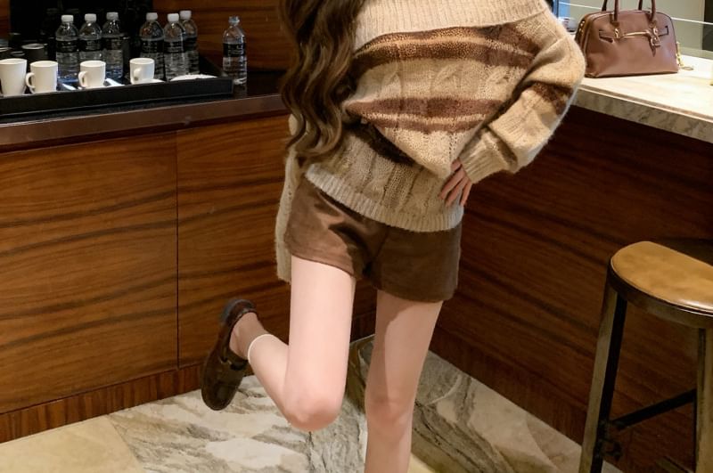 Striped Cable Knit Off-Shoulder Sweater