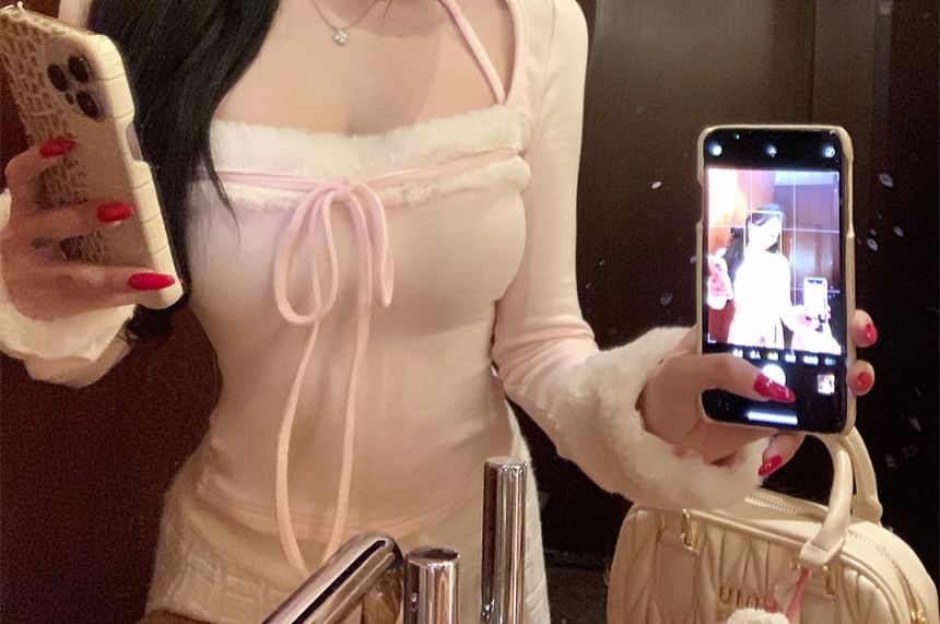 Fluffy Panel Crop Top with Tie Front