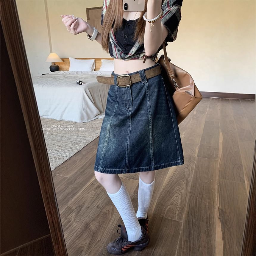 Panel A-Line Denim Skirt with Mid Rise