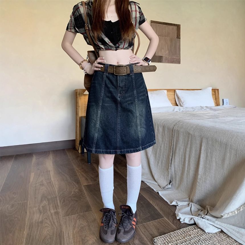 Panel A-Line Denim Skirt with Mid Rise