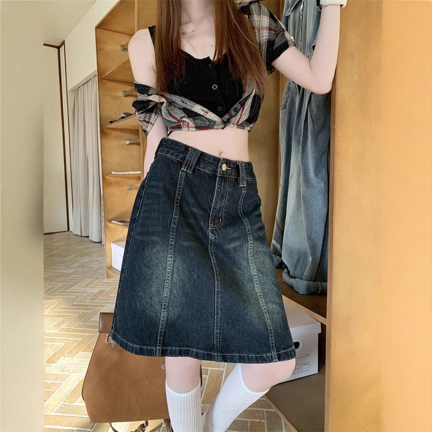 Panel A-Line Denim Skirt with Mid Rise