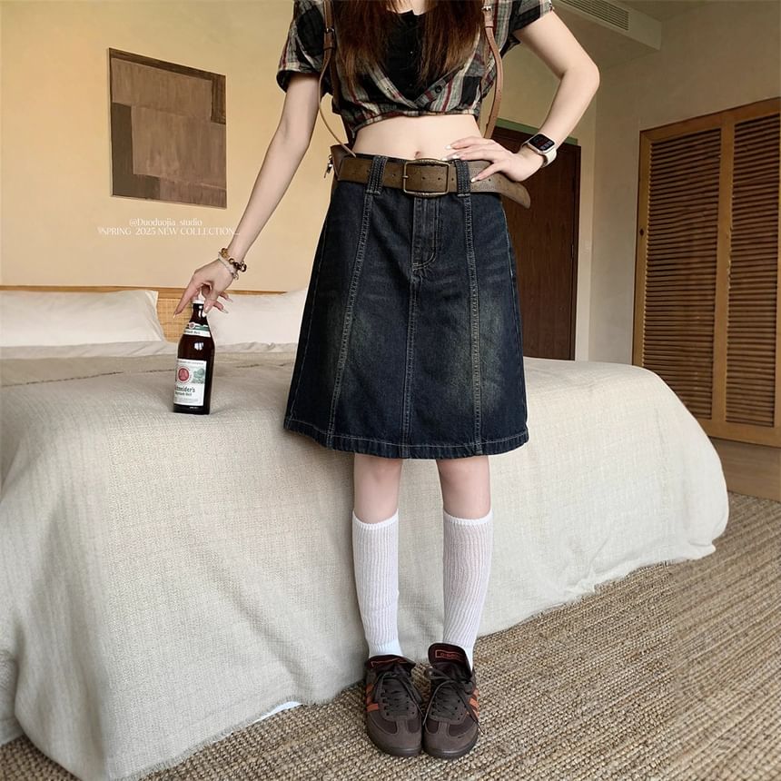 Panel A-Line Denim Skirt with Mid Rise