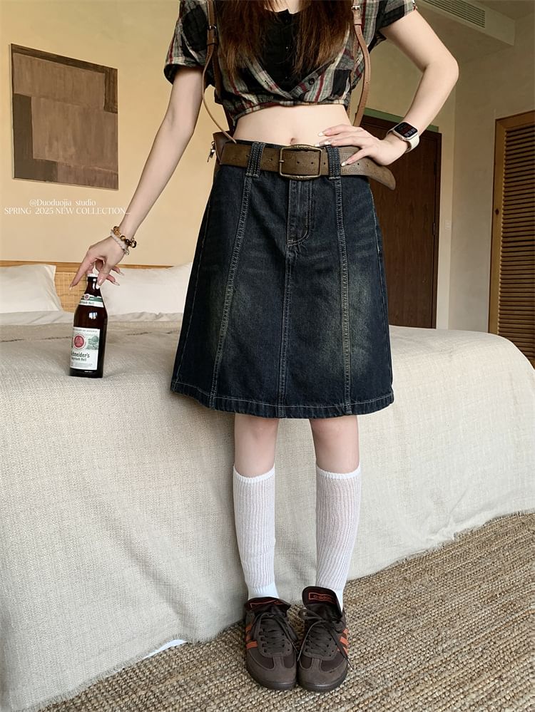 Panel A-Line Denim Skirt with Mid Rise