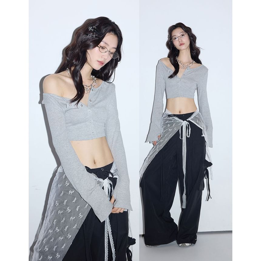 Off-Shoulder Crop T-Shirt Long Sleeve