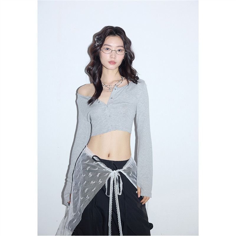 Off-Shoulder Crop T-Shirt Long Sleeve