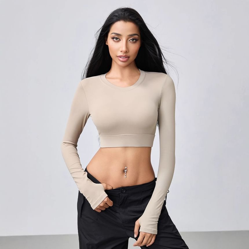 Backless Crop T-Shirt Round Neck Long Sleeve