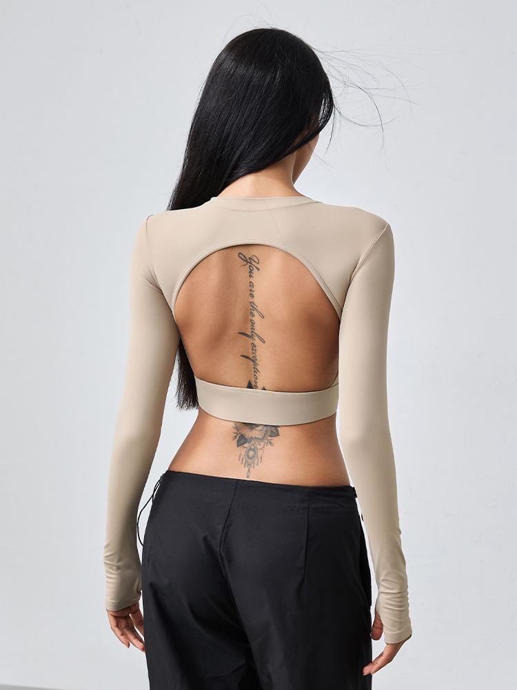 Backless Crop T-Shirt Round Neck Long Sleeve