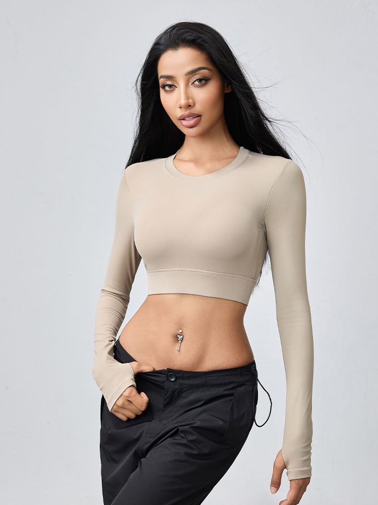 Backless Crop T-Shirt Round Neck Long Sleeve