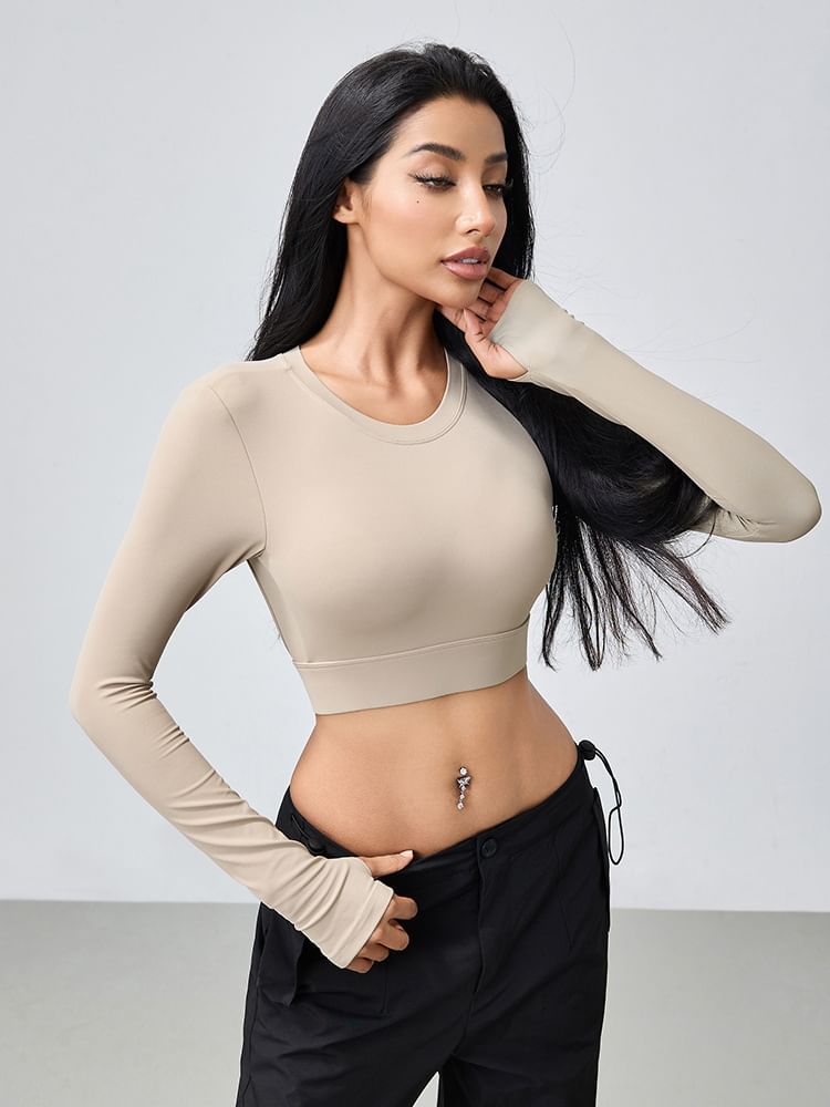 Backless Crop T-Shirt Round Neck Long Sleeve